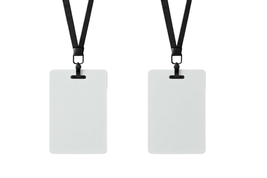 Two blank identification badges hanging by black cords - Powered by Adobe