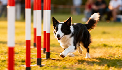 Energetic Border Collie Running Through Agility Weave Poles on Sunny Outdoor Field, Dog Sport, Exercise, Training and Competition