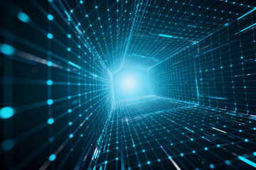 Digital tunnel with glowing blue grid lines and light rays converging toward a bright center point