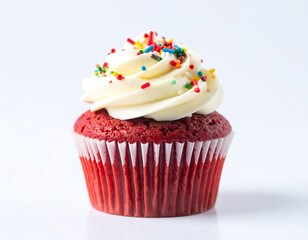 Red velvet cupcake with cream frosting and sprinkles