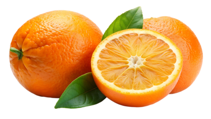 Whole and halved oranges with green leaves isolated on transparent background