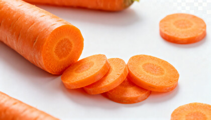 Fresh organic carrot and slices isolated on white background, healthy vegetable concept, vivid orange color root crop, food ingredient for salads and recipes, vegetarian nutrition, diet, raw produce