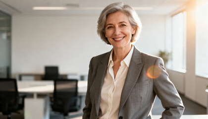 Confident senior businesswoman in stylish grey suit standing in modern office, leadership and empowerment, professional older executive, successful female manager, mature corporate environment