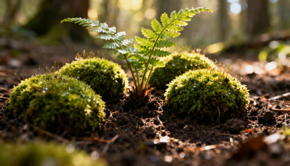 Close-up of a small vibrant green fern plant surrounded by four mossy green clumps with dew drops on forest soil in soft natural sunlight, nature growth concept