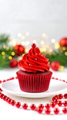 Red velvet cupcake with festive decorations