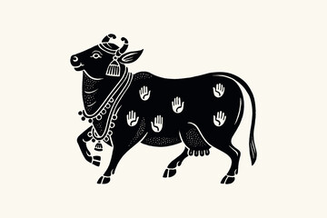 Sacred cow folk illustration black fill with white details vector