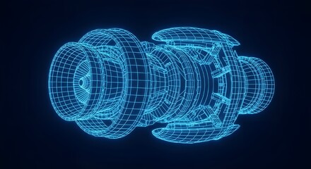 Rocket engine Abstract Blue Wireframe Turbine Engine Structure on Dark Background technology