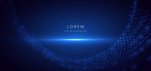 Futuristic digital dot glowing particles on dark blue background.