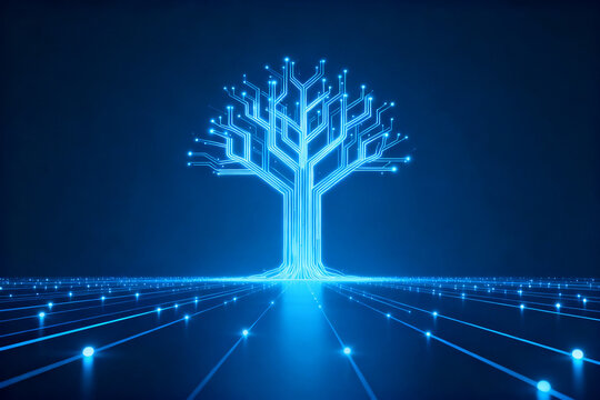 Digital tree with glowing circuit-like branches in a futuristic blue environment