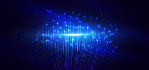 Neon blue light lines with sparkle on dark blue background with lighting effect. Futuristic light concept.