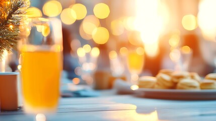 A festive holiday gathering with drinks and appetizers, illuminated by warm bokeh lights
