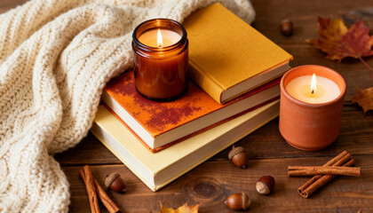 Cozy Autumn Flat Lay with Burning Scented Candles, Warm Knit Blanket, Vintage Books, Acorns, Cinnamon Sticks, and Fall Leaves on Rustic Wooden Table for Seasonal Home Decor and Relaxation