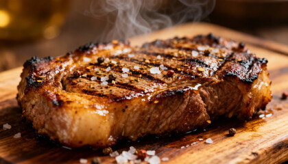 Juicy grilled steak with coarse salt and mixed peppercorns, hot sizzling barbecue meat, flavorful seasoned beef on rustic wooden cutting board, smoky aroma