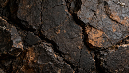 Close-up of dark rugged stone surface with deep fissures, textured cracked rock background, natural rough volcanic rock texture with fissures and cracks