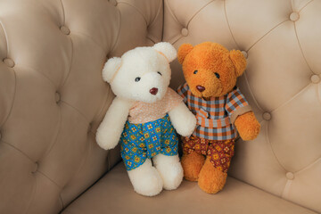 Cozy Companions: Two adorable teddy bears, dressed in charming attire, sitting together on a plush...