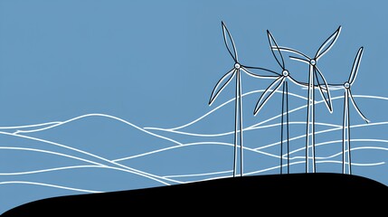 Wind turbines stand tall against a blue sky, surrounded by stylized waves, showcasing renewable energy and sustainability in a minimalist illustration with copy space