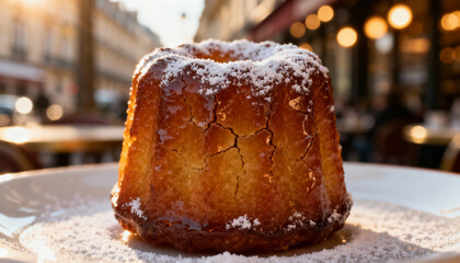 Extreme closeup of a single golden brown canelé pastry with shiny caramelized crust, dusted with powdered sugar on white plate, Paris street café background, gourmet French dessert