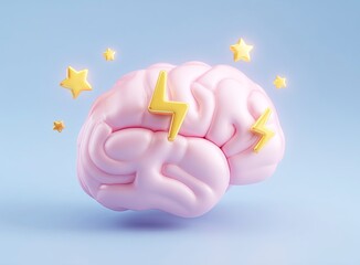 Vibrant 3D pink brain icon pulses with dynamic yellow lightning, symbolizing brilliant ideas, mental energy, and innovative thought for modern design and concepts.