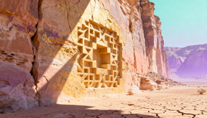 Ancient geometric cube relief carved in desert cliff, intricate pattern and cubic symmetry, surreal pastel gradient sky, arid cracked earth, Middle Eastern landscape, mystical atmosphere