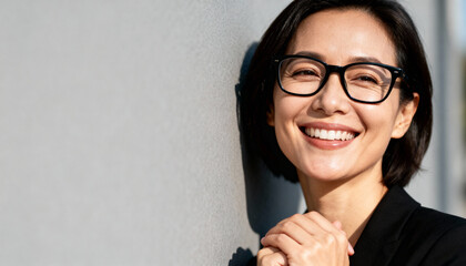 Successful smiling business woman wearing eyeglasses on a grey background. Portrait of a confident and happy professional. Businesswoman career success and leadership concept.