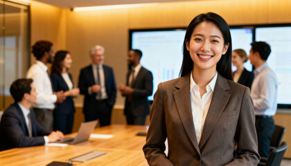 Successful confident businesswoman smiling in modern office conference room with diverse team discussing ideas, corporate meeting teamwork and leadership concept