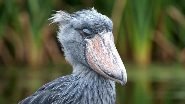 A close-up portrait of a unique and prehistoric-looking shoebill stork with its massive distinctive beak standing among the reeds of its natural wetland habitat in Africa