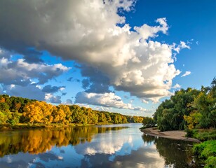 Obraz premium Autumn river landscape with dramatic clouds
