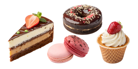 Dessert PNG Set – Cake Slice, Donut, Ice Cream, Macaron – Individually Isolated and Separated on Transparent Background