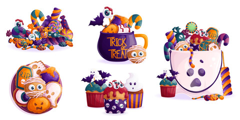 A set of illustrations with sweets, pastries for Halloween. Cookies, cupcakes, lollipop in the shape of a ghost, skull, eyeball. Isolated vector illustration for the design of postcard, banner, poster