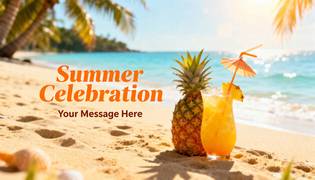 Tropical Summer Celebration with Pineapple Cocktail on Sunny Beach, Exotic Vacation Drink with Umbrella, Relaxing Ocean View and Palm Trees in Background, Summer Holiday Greeting Card Concept