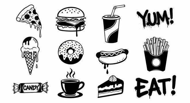 Stylish Monochrome Fast Food and Dessert Doodle Art Collection