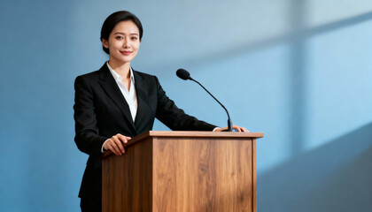 Confident Asian businesswoman in a suit giving a speech at a podium. Female leader, public speaker at a conference or seminar. Concept for leadership, empowerment, presentation.
