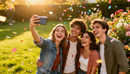 Happy young friends celebrating together outdoors. Cheerful diverse group taking a selfie with a smartphone under falling confetti during a fun party in a sunny garden at sunset.
