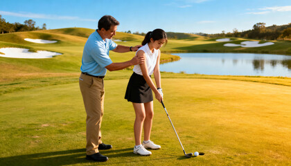 Golf instructor teaching a young woman the correct putting stance. Male coach giving a private lesson to a female student on a beautiful sunny golf course with a lake and bunkers.