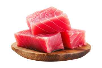 Fresh raw tuna cubes Micronesian sashimi isolated on white transparent background, representing seafood freshness.