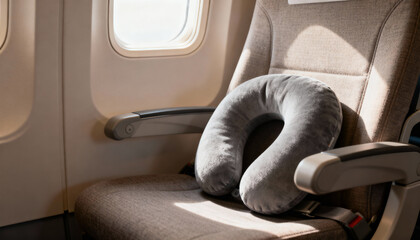 Gray travel neck pillow on empty airplane seat by the window. Concept for comfortable flight, long journey, vacation, tourism, and air transport. Rest and relaxation during travel.