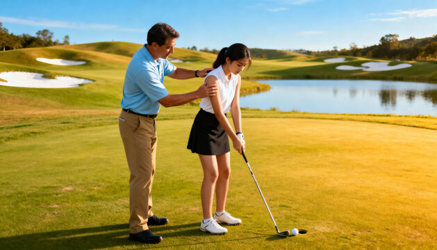 Golf instructor teaching a young woman the correct putting stance. Male coach giving a private lesson to a female student on a beautiful sunny golf course with a lake and bunkers.