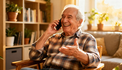 Happy senior man laughing while talking on smartphone at home. Cheerful elderly male enjoying a pleasant conversation on mobile phone, concept of modern communication technology.