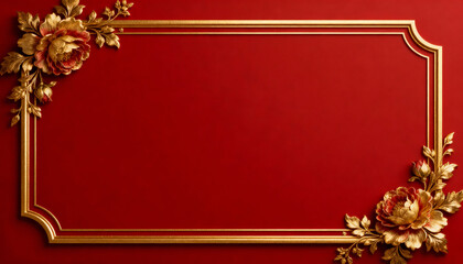 Elegant gold border on rich red background. Ornate decorative frame with golden flowers for a luxury invitation, certificate, or Chinese New Year greeting card. Classic design.