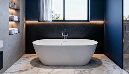 Modern bathroom interior with freestanding white bathtub, elegant marble walls and floor, sleek contemporary design, natural light, luxury home decor, minimalistic style