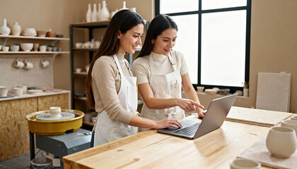 Two female ceramists managing their small business. Creative entrepreneurs working together on a laptop in a pottery studio. Artisans collaboration, e-commerce, online store concept.