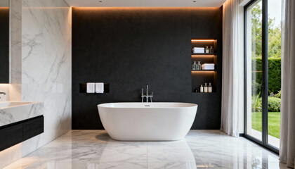 Modern luxury bathroom interior design with freestanding tub and marble floors. Elegant home spa with black accent wall, ambient lighting, and view to a garden. High-end real estate.