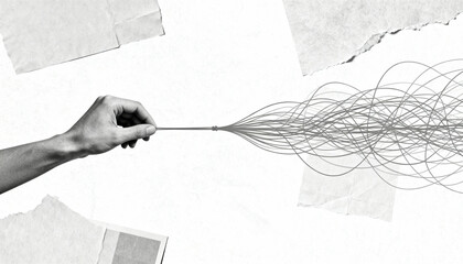 Hand pulling tangled line into order. Concept for solving problems, simplifying complexity. From chaos to clarity. Finding a solution, strategy and focus. Business simplification.