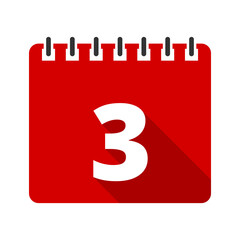 Red calendar number 3 icon isolated on transparent background