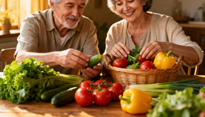 Happy senior couple unpacking fresh vegetables in kitchen. Healthy eating lifestyle for retirees. Man and woman sorting organic food from basket. Nutrition, diet, cooking together.