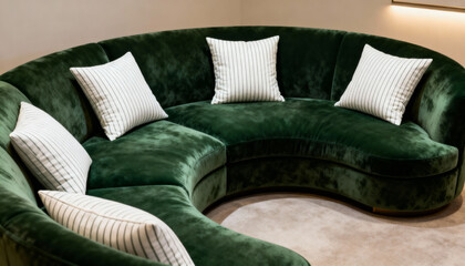 Plush green velvet couch with white stripe decorative pillows in modern living room interior, cozy furniture design, home decor, comfortable seating, stylish upholstery