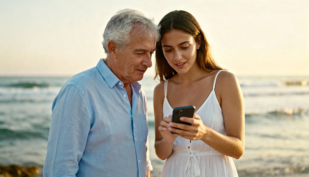 Senior man and daughter using smartphone on beach at sunset. Multigenerational family bonding, technology concept. Digital literacy for elderly. Summer vacation lifestyle.