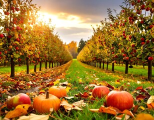 Autumn orchard with pumpkins