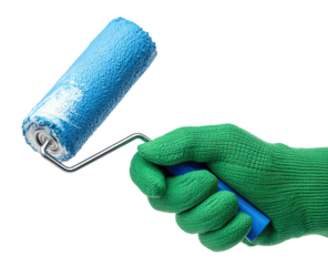 A hand in a green work glove holds a paint roller, covered in light blue paint