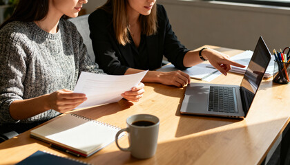 Two diverse businesswomen colleagues collaborating on project in modern office. Teamwork concept. Manager mentoring intern, pointing at laptop screen, analyzing data report.